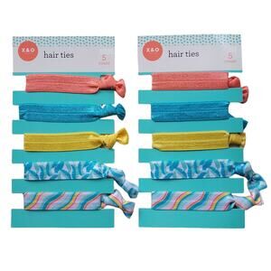 Tropical Knotted Hair Ties 10 Ct‎ Rainbow Leaf Pink Blue Yellow Ponytail